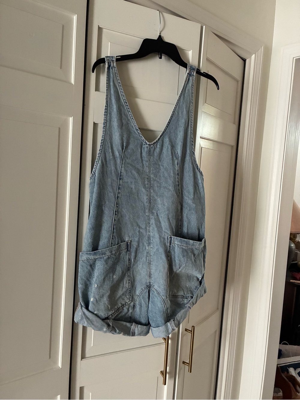 Free people shortall Light Wash Denim Romper with Front Pockets